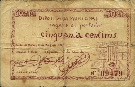 Аверс банкноты 50 centymów Caldes de Montbuy (Hiszpania) 1937