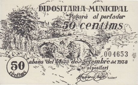 Реверс банкноты 50 centymów Caldes de Montbuy (Hiszpania) 1937