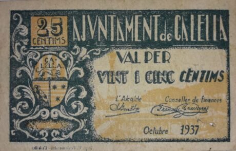 Аверс банкноты 25 centymów Calella (Hiszpania) 1937