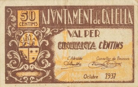 Аверс банкноты 50 сантимов Калелья (Испания) 1937 года