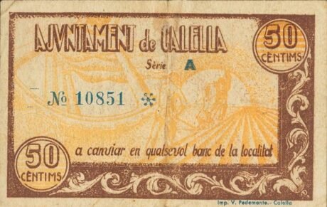 Реверс банкноты 50 сантимов Калелья (Испания) 1937 года