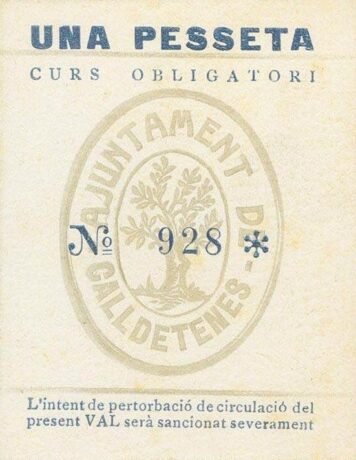 Аверс банкноты 1 песета Кальдетенес (Испания)