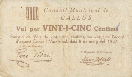 Аверс банкноты 25 сантимов Каллус (Испания) 1937 года