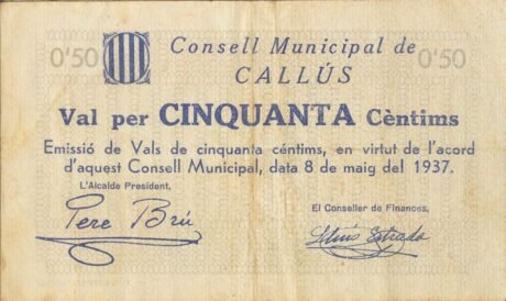 Аверс банкноты 50 сантимов Каллус (Испания) 1937 года