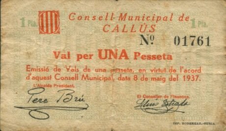 Аверс банкноты 1 песета Каллус (Испания) 1937 года