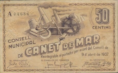 Аверс банкноты 50 centymów Canet de Mar (Hiszpania) 1937