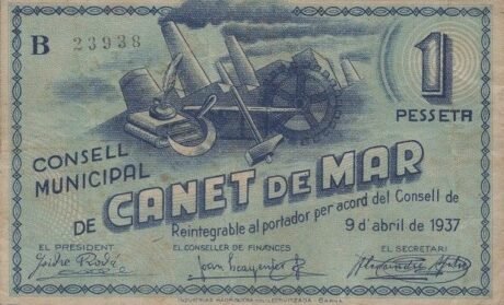 Аверс банкноты 1 peseta Canet de Mar (Hiszpania) 1937