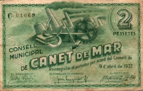 Аверс банкноты 2 песеты Кане де Мар (Испания) 1937 года