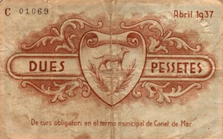 Реверс банкноты 2 песеты Кане де Мар (Испания) 1937 года