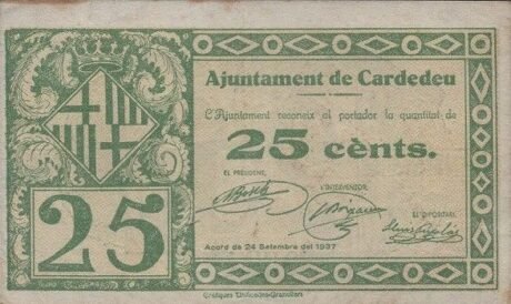 Аверс банкноты 25 centymów Cardedeu (Hiszpania) 1937