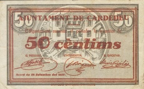 Аверс банкноты 50 centymów Cardedeu (Hiszpania) 1937