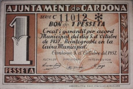 Аверс банкноты 1 песета Кардона (Испания) 1937 года