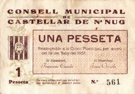 Аверс банкноты 1 peseta Castellar de n'Hug (Hiszpania) 1937