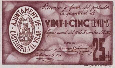 Аверс банкноты 25 centymów Castelbel i el Vilar (Hiszpania) 1937