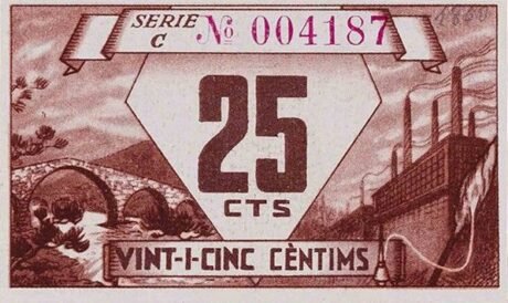 Реверс банкноты 25 centymów Castelbel i el Vilar (Hiszpania) 1937