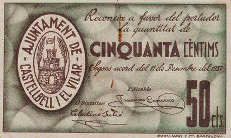 Аверс банкноты 50 centymów Castelbel i el Vilar (Hiszpania) 1937