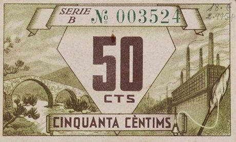 Реверс банкноты 50 centymów Castelbel i el Vilar (Hiszpania) 1937