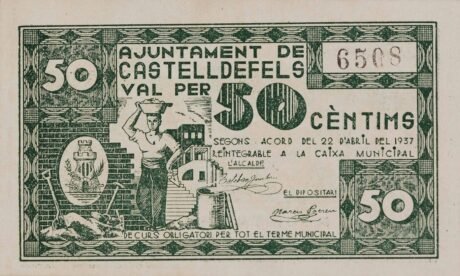 Аверс банкноты 50 сантимов Кастельдефельс (Испания) 1937 года
