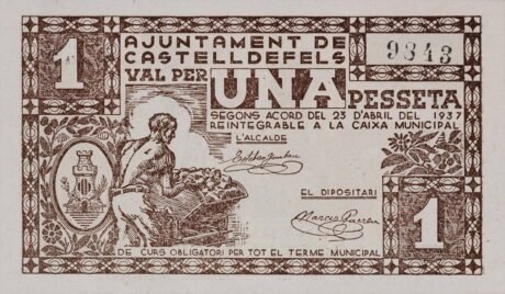 Аверс банкноты 1 песета Кастельдефельс (Испания) 1937 года