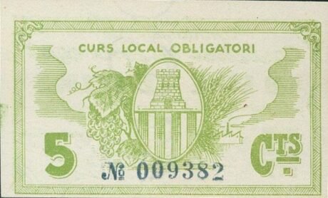 Реверс банкноты 5 centymów Castellet de Llobregat (Hiszpania) 1937