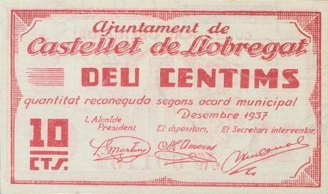 Awers banknotu 10 centymów Castellet de Llobregat (Hiszpania) 1937