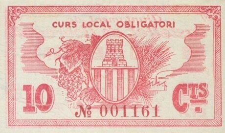 Rewers banknotu 10 centymów Castellet de Llobregat (Hiszpania) 1937