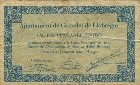 Аверс банкноты 50 сантимов Кастелье де Льобрегат (Испания) 1937 года