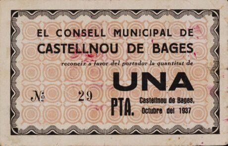 Аверс банкноты 1 peseta Castelnou de Bages (Hiszpania) 1937