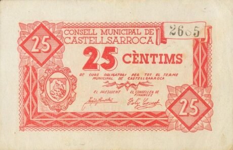 Аверс банкноты 25 centymów Castelsarroca (Hiszpania) 1937