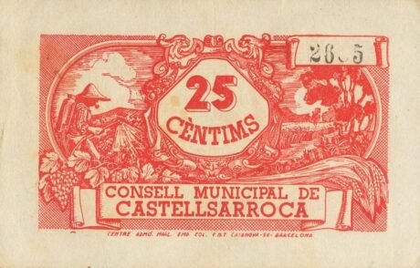 Реверс банкноты 25 centymów Castelsarroca (Hiszpania) 1937