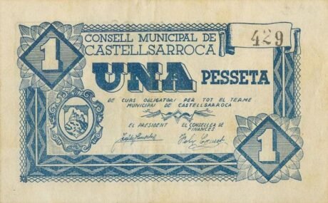 Аверс банкноты 1 peseta Castellzarroca (Hiszpania) 1937