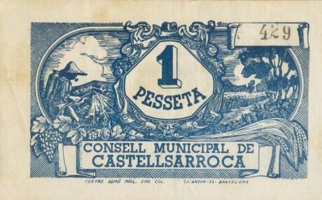 Реверс банкноты 1 peseta Castellzarroca (Hiszpania) 1937