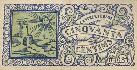 Реверс банкноты 50 сантимов Кастельтерсоль (Испания) 1937 года