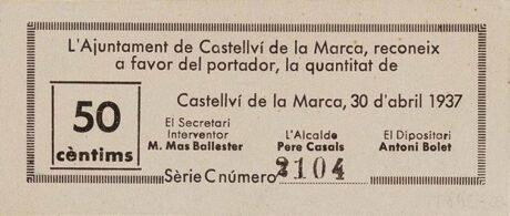 Аверс банкноты 50 centymów Castellví de la Marca (Hiszpania) 1937