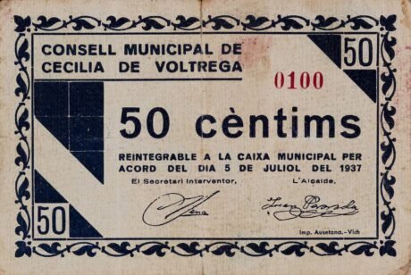 Аверс банкноты 50 centymów Cecilia de Voltrega (Hiszpania) 1937