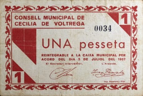 Аверс банкноты 1 peseta Cecilia de Voltrega (Hiszpania) 1937