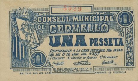 Аверс банкноты 1 песета Сервелло (Испания) 1937 года