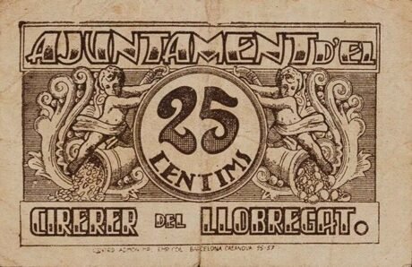 Реверс банкноты 25 сантимов Эль Сиререр дель Льобрегат (Испания) 1937 года