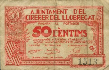 Аверс банкноты 50 centymów El Sirerer del Llobregat (Hiszpania) 1937