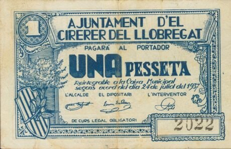 Аверс банкноты 1 peseta El Sirerer del Llobregat (Hiszpania) 1937