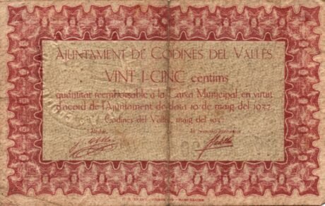 Аверс банкноты 25 сантимов Кодинес дель Валлес (Испания) 1937 года