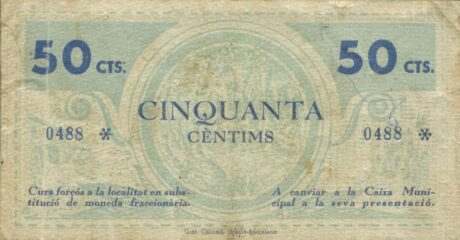 Реверс банкноты 50 сантимов Кольбато (Испания) 1937 года