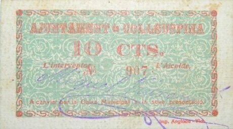 Аверс банкноты 10 сантимов Колсуспина (Испания)