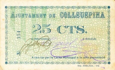 Аверс банкноты 25 centymów Colsuspina (Hiszpania)
