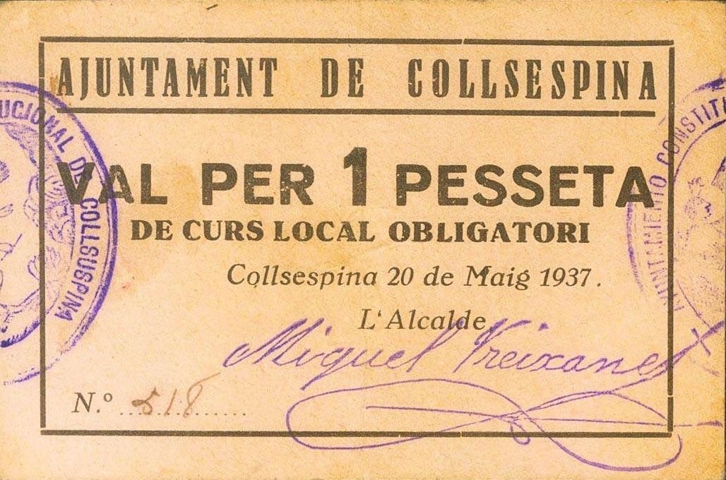 Аверс банкноты 1 песета Колсуспина (Испания) 1937 года