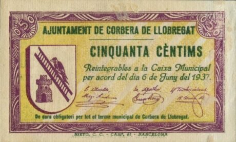 Аверс банкноты 50 сантимов Корбера де Льобрегат (Испания) 1937 года