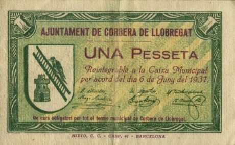 Аверс банкноты 1 песета Корбера де Льобрегат (Испания) 1937 года