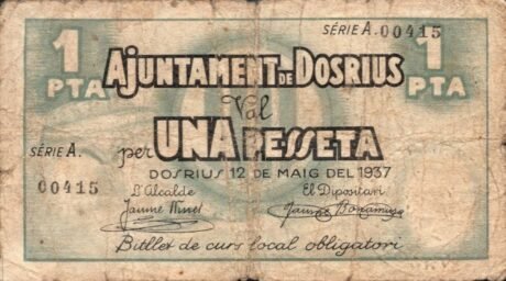 Аверс банкноты 1 песета Досриус (Испания) 1937 года