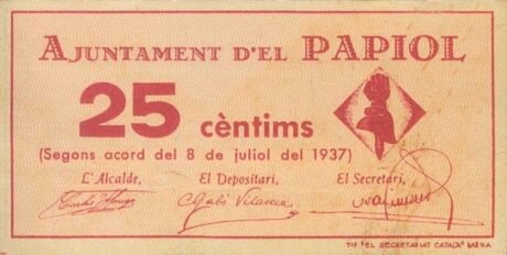 Аверс банкноты 25 сантимов Эль Папиоль (Испания) 1937 года