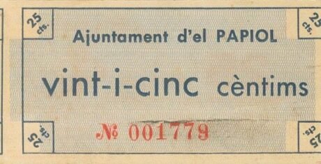 Реверс банкноты 25 сантимов Эль Папиоль (Испания) 1937 года